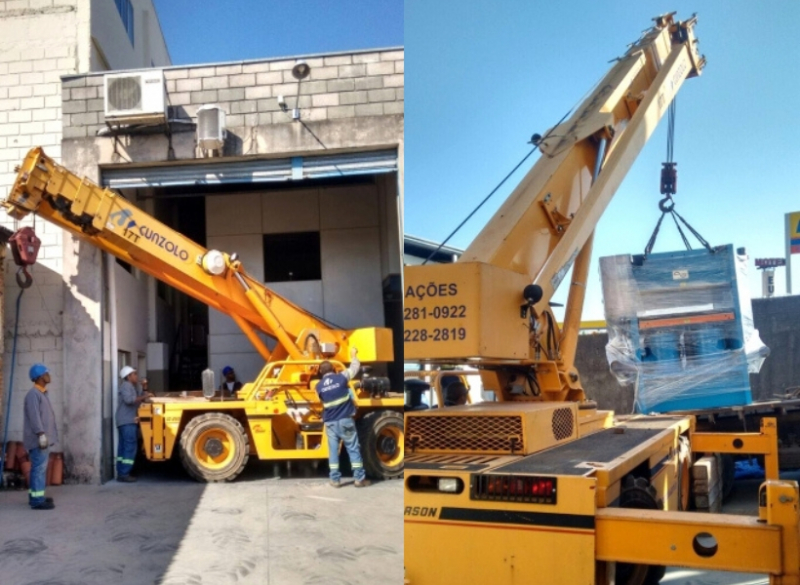 Remoção Industrial com Guindaste em Campinas -SP Equipe de Remoção Industrial em Ação na cidade de Campinas-SP. O transporte de máquina em local de espaço restrito e de difícil acesso foi realizado com o Guindaste Industrial Broderson IC-250.