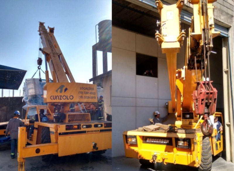 Remoção Industrial com Guindaste em Campinas -SP Equipe de Remoção Industrial em Ação na cidade de Campinas-SP. O transporte de máquina em local de espaço restrito e de difícil acesso foi realizado com o Guindaste Industrial Broderson IC-250.