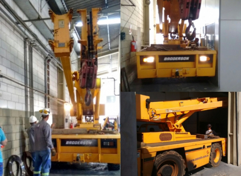 Remoção Industrial com Guindaste em Campinas -SP Equipe de Remoção Industrial em Ação na cidade de Campinas-SP. O transporte de máquina em local de espaço restrito e de difícil acesso foi realizado com o Guindaste Industrial Broderson IC-250.