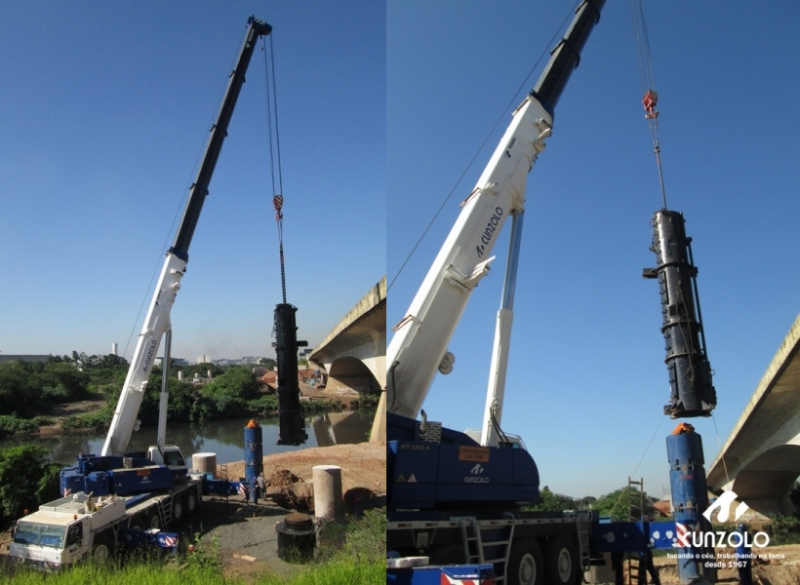 Içamento de Carga com Guindaste em Guarulhos - SP A Cunzolo realizou o içamento de uma peça de 8 metros de comprimento, 2 de diâmetro e 26 toneladas na Rodovia Ayrton Senna Km 18 em Guarulhos – SP. A operação foi realizada com o Guindaste Rodoviário ATF 220-2 (cap. 220t) em um raio operacional de 11 metros.