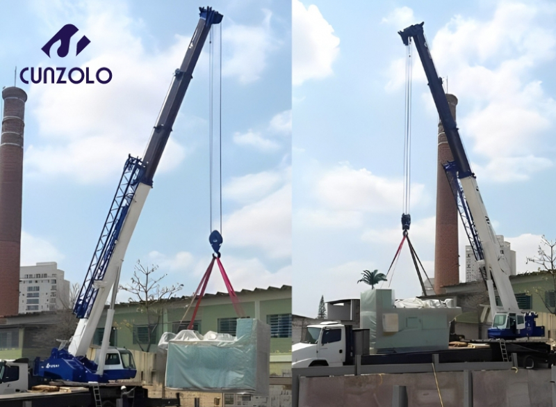 Opera��o com o Guindaste Rodovi�rio Cunzolo GS700 para a descarga e i�amento de um forno pesando 10.5 toneladas na cidade de Taubat�.